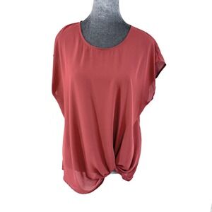 Pleione Minimalist Sophisticated Front Knot Draped Blouse Rust Cap Sleeve‎ Top L